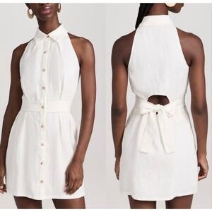 NWT Hevron Domino Mini Dress White Linen Halter Cutout Back HDM0207 XS